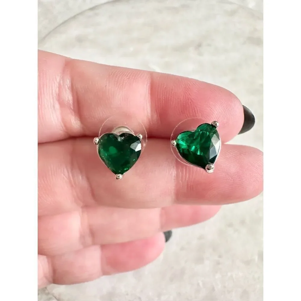 Emerald green cubic zirconia heart stud earrings